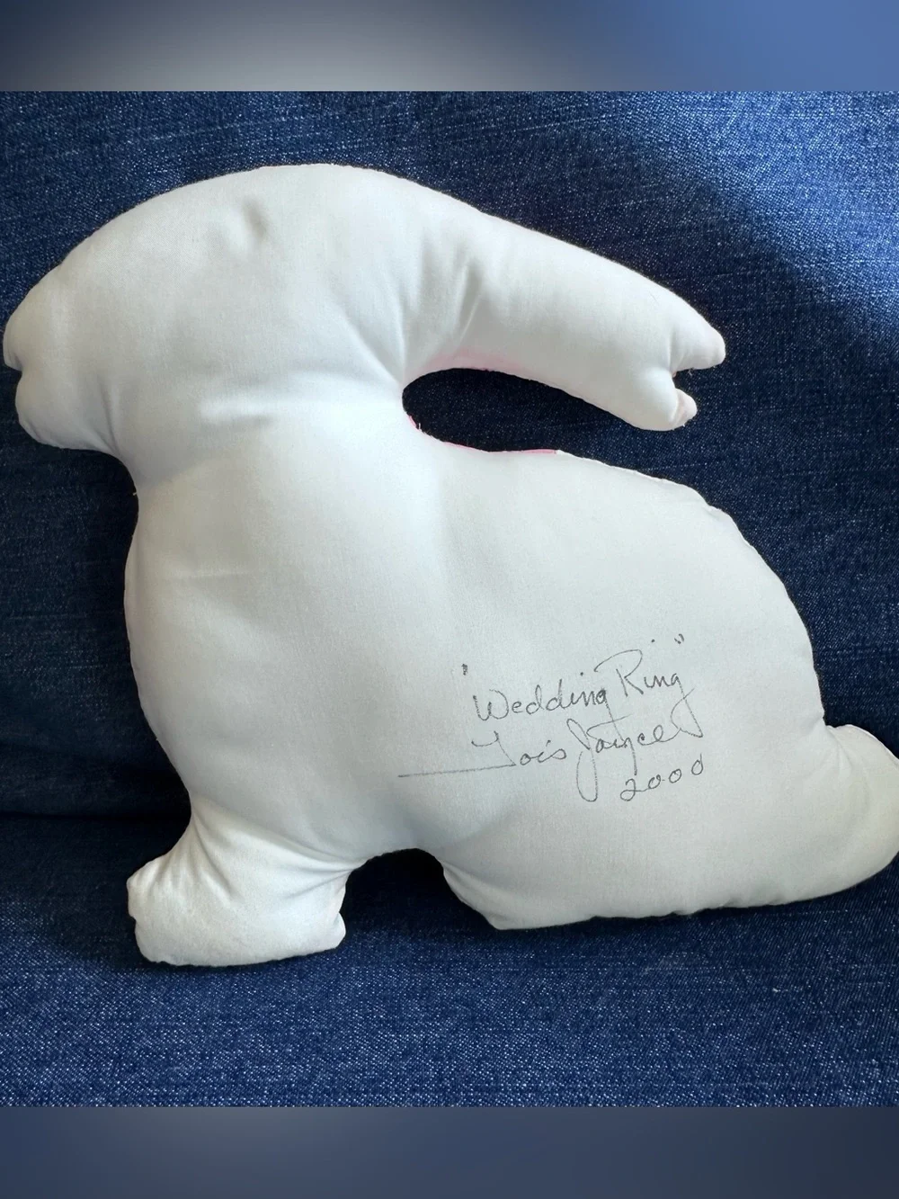 vintage Hand Stitched Bunny RABBIT PILLOW Wedding Ring QUILT Signed 2000 baby